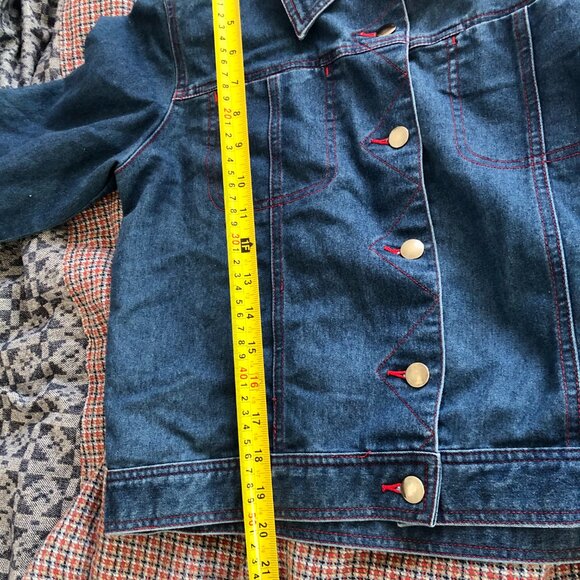 RARE Vintage Y2K AU COTON Brand Denim Jacket Women Size M Red Stitching Cotton - Picture 7 of 7